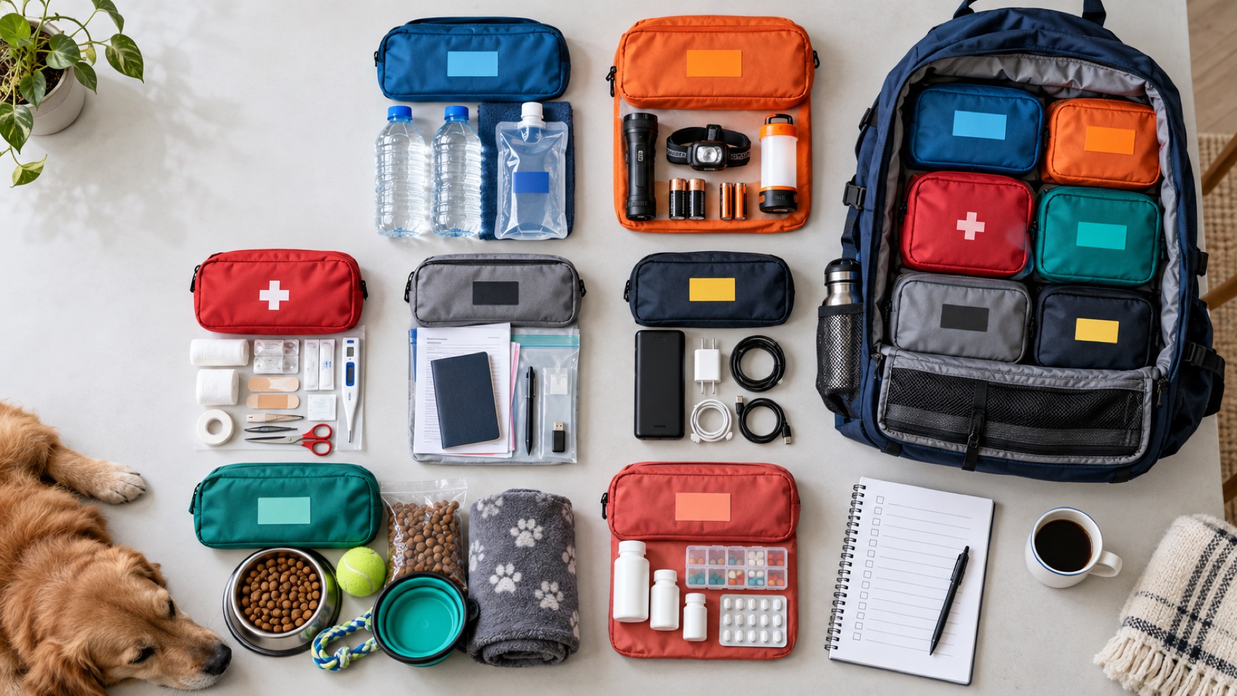 Color-coded household emergency kit modules arranged beside an open backpack